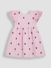 JoJo Maman Bébé Pink Strawberry Embroidered Gingham Double Frill Shoulder Dress - Image 5 of 7