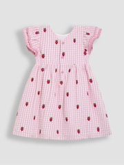 JoJo Maman Bébé Pink Strawberry Embroidered Gingham Double Frill Shoulder Dress - Image 6 of 7