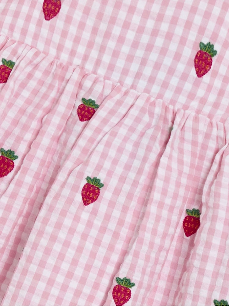 JoJo Maman Bébé Pink Strawberry Embroidered Gingham Double Frill Shoulder Dress - Image 7 of 7