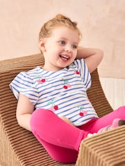 JoJo Maman Bébé Blue Cherry Embroidered Frill Sleeve T-Shirt - Image 1 of 3