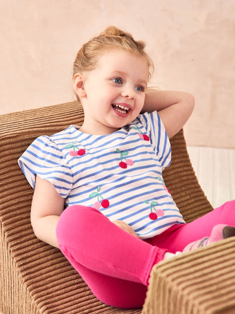 JoJo Maman Bébé Blue Cherry Embroidered Frill Sleeve T-Shirt - Image 1 of 3