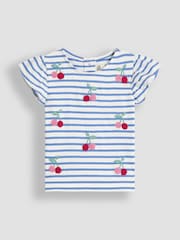 JoJo Maman Bébé Blue Cherry Embroidered Frill Sleeve T-Shirt - Image 2 of 3