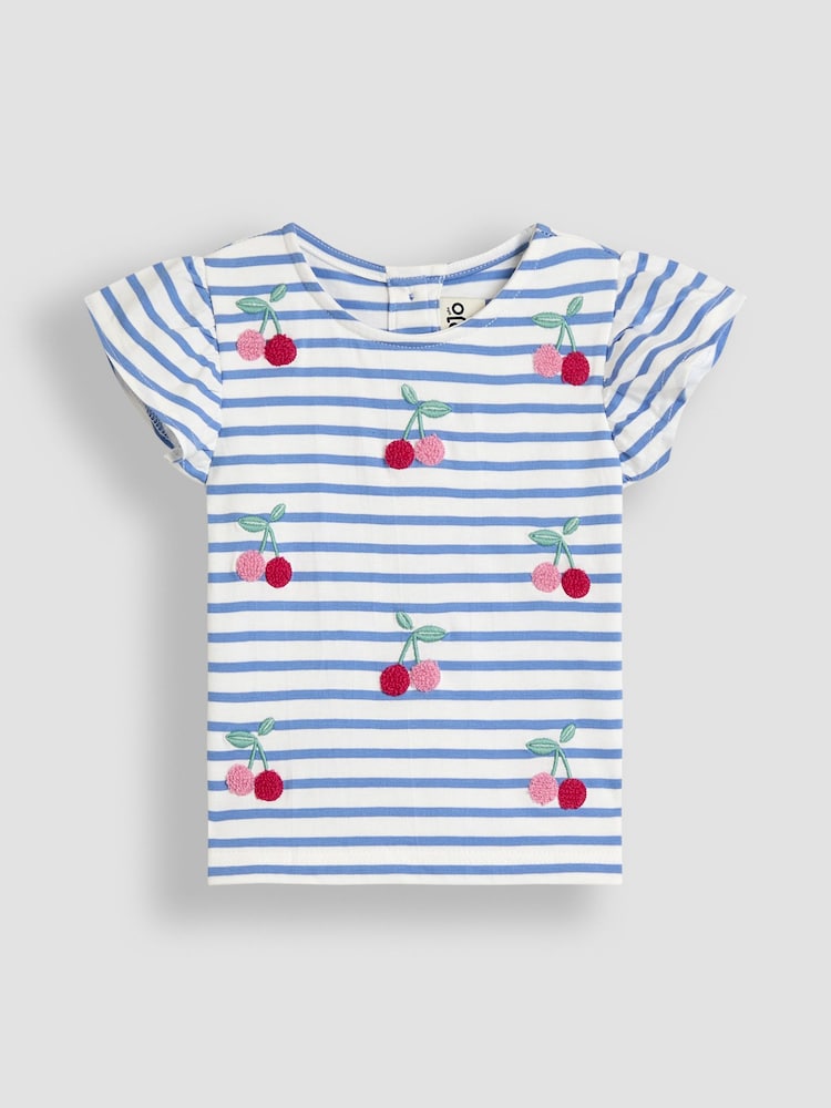 JoJo Maman Bébé Blue Cherry Embroidered Frill Sleeve T-Shirt - Image 2 of 3