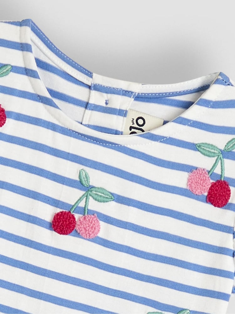 JoJo Maman Bébé Blue Cherry Embroidered Frill Sleeve T-Shirt - Image 3 of 3
