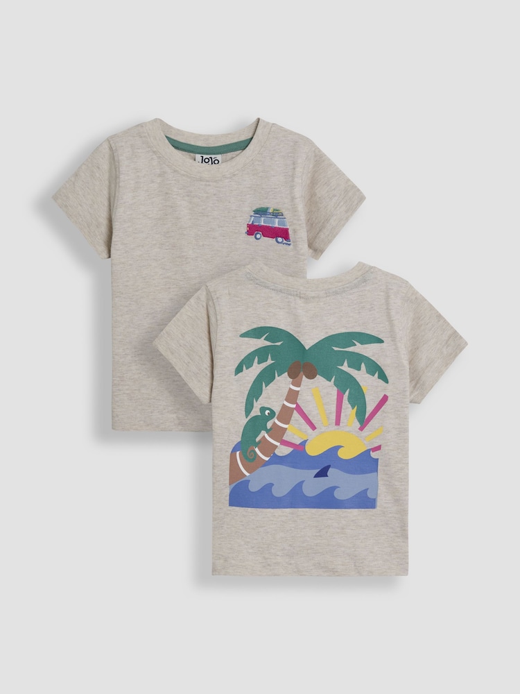 JoJo Maman Bébé Natural Tropical Island Back Printed T-Shirt - Image 1 of 7 JoJo Maman Bébé Natural Tropical Island Back Printed T-Shirt - Image 1 of 7