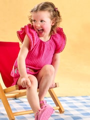 JoJo Maman Bébé Pink Embroidered Frill Sleeve T-Shirt & Shorts Set 2 Piece - Image 1 of 7