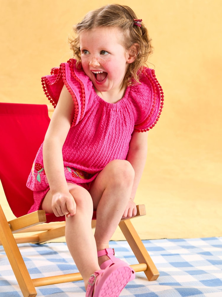 JoJo Maman Bébé Pink Embroidered Frill Sleeve T-Shirt & Shorts Set 2 Piece - Image 1 of 7