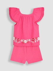 JoJo Maman Bébé Pink Embroidered Frill Sleeve T-Shirt & Shorts Set 2 Piece - Image 2 of 7