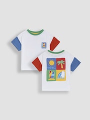 JoJo Maman Bébé White Surf & Sun Back Printed 100% Cotton T-Shirt - Image 1 of 4