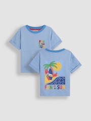 JoJo Maman Bébé Blue Fun In The Sun Back Printed 100% Cotton T-Shirt - Image 1 of 6