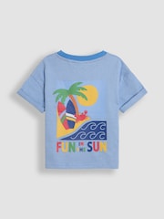 JoJo Maman Bébé Blue Fun In The Sun Back Printed 100% Cotton T-Shirt - Image 3 of 6
