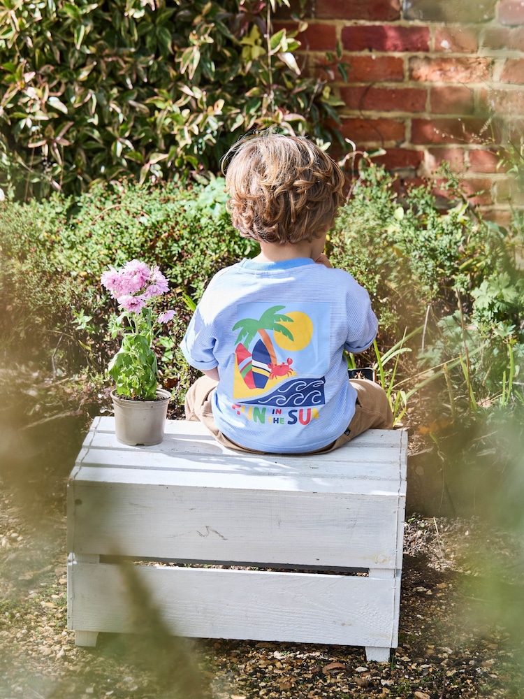 JoJo Maman Bébé Blue Fun In The Sun Back Printed 100% Cotton T-Shirt - Image 6 of 6