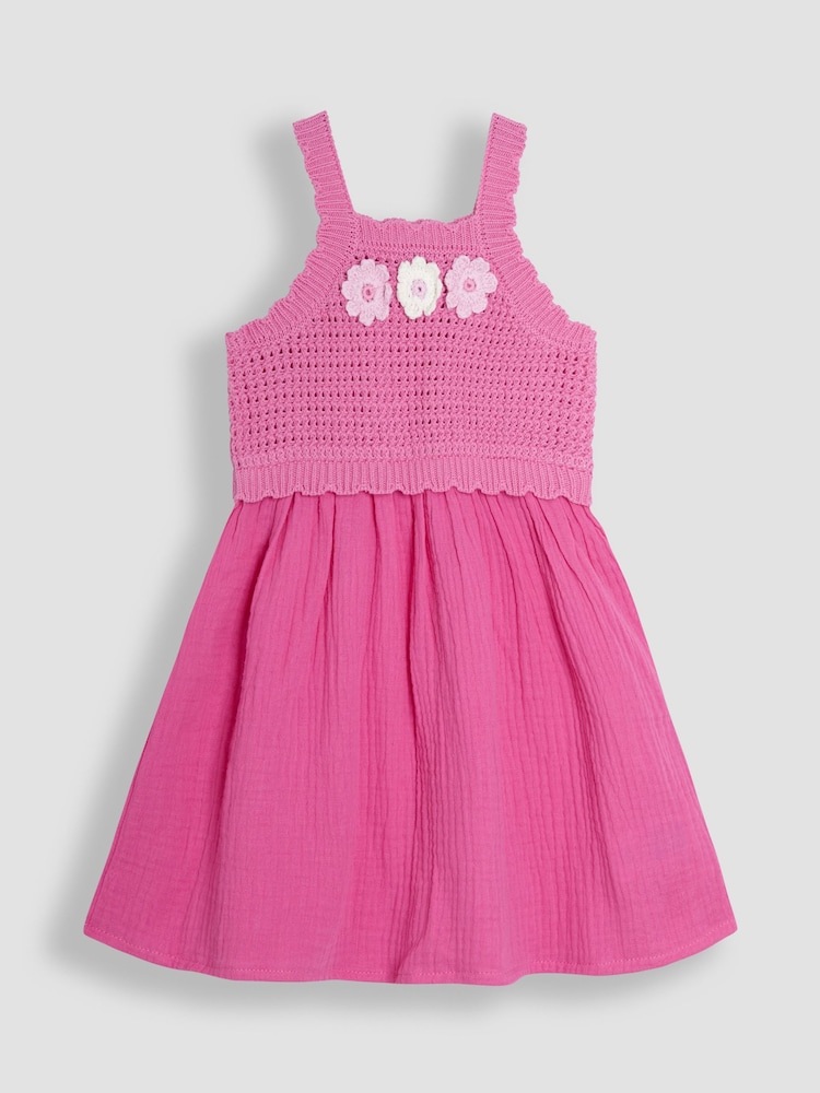 JoJo Maman Bébé Pink Crochet & Cheesecloth Combo Summer Dress - Image 1 of 3