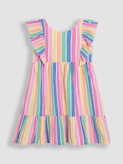 JoJo Maman Bébé Rainbow Stripe Frill Back Summer 100% Cotton Dress - Image 1 of 3