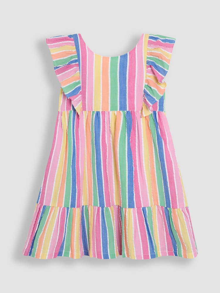 JoJo Maman Bébé Rainbow Stripe Frill Back Summer 100% Cotton Dress - Image 1 of 3