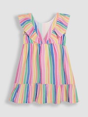 JoJo Maman Bébé Rainbow Stripe Frill Back Summer 100% Cotton Dress - Image 2 of 3
