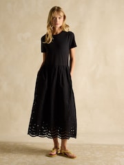 Joules Reid Black Cotton Broderie Midi Dress - Image 1 of 7