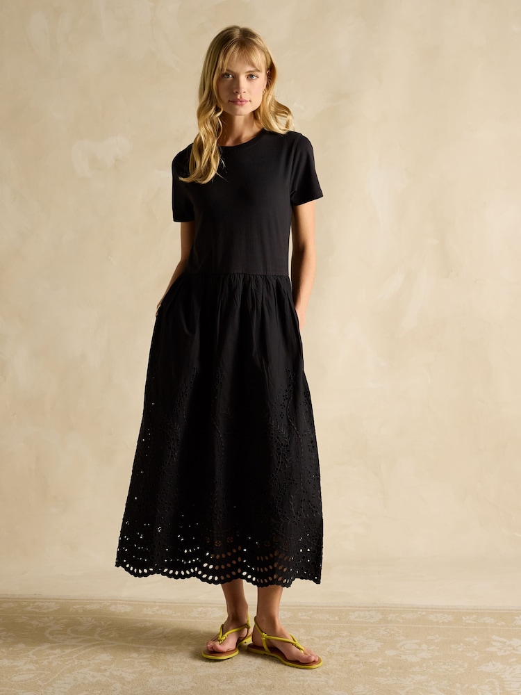 Joules Reid Black Cotton Broderie Midi Dress - Image 1 of 7