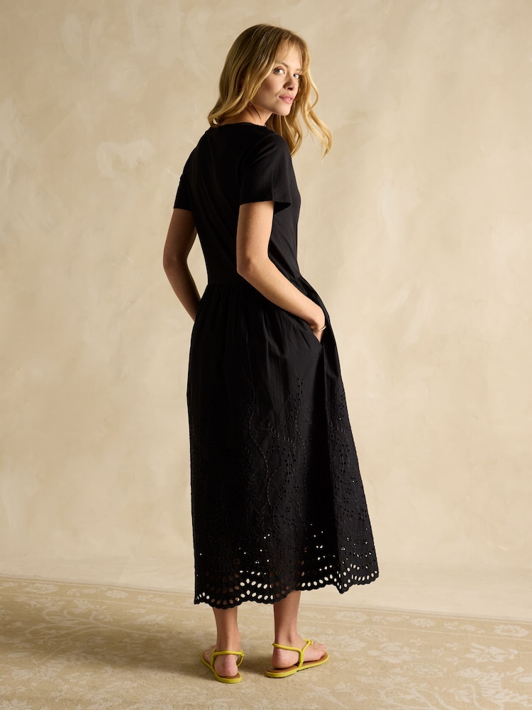 Joules Reid Black Cotton Broderie Midi Dress - Image 2 of 7