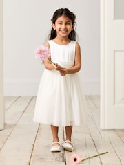 JoJo Maman Bébé Cream Girl Satin Flower Dress With Satin Sash - Image 1 of 9