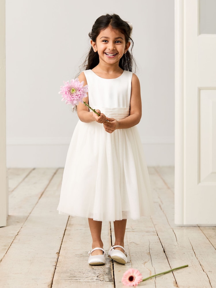 JoJo Maman Bébé Cream Girl Satin Flower Dress With Satin Sash - Image 1 of 9