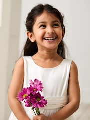JoJo Maman Bébé Cream Girl Satin Flower Dress With Satin Sash - Image 3 of 9