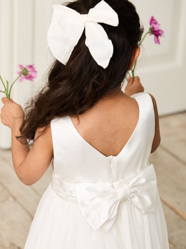 JoJo Maman Bébé Cream Girl Satin Flower Dress With Satin Sash - Image 4 of 9