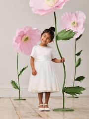 JoJo Maman Bébé Cream Embroidered Lace Flower Girl Dress With Satin Sash - Image 1 of 10