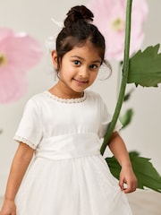 JoJo Maman Bébé Cream Embroidered Lace Flower Girl Dress With Satin Sash - Image 3 of 10