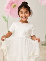 JoJo Maman Bébé Cream Embroidered Lace Flower Girl Dress With Satin Sash - Image 4 of 10