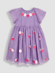 JoJo Maman Bébé Lilac Purple Strawberry Angel Sleeve Appliqué Tulle Party Dress - Image 1 of 3