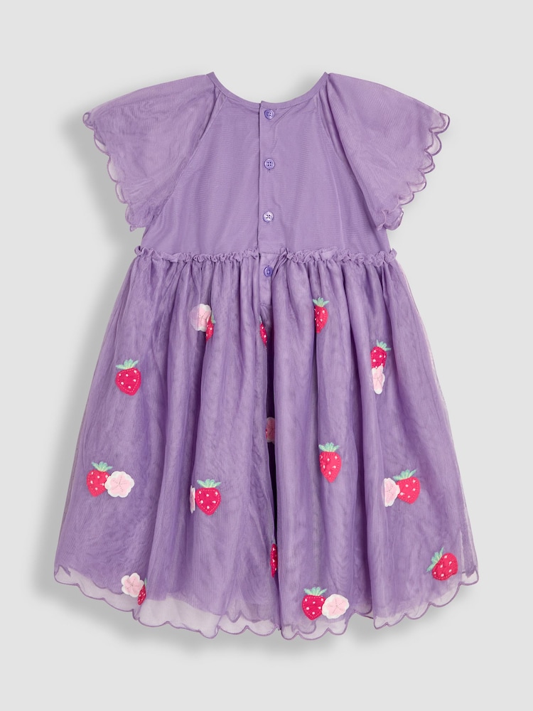 JoJo Maman Bébé Lilac Purple Strawberry Angel Sleeve Appliqué Tulle Party Dress - Image 2 of 3
