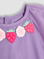 JoJo Maman Bébé Lilac Purple Strawberry Angel Sleeve Appliqué Tulle Party Dress - Image 3 of 3