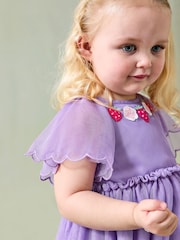 JoJo Maman Bébé Lilac Purple Strawberry Angel Sleeve Appliqué Tulle Party Dress - Image 4 of 5