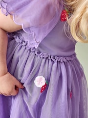 JoJo Maman Bébé Lilac Purple Strawberry Angel Sleeve Appliqué Tulle Party Dress - Image 5 of 5