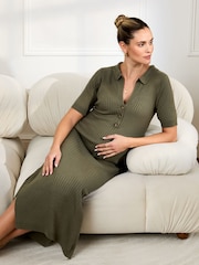 JoJo Maman Bébé Khaki Collared Ribbed Knitted Maternity Dress - Image 1 of 5