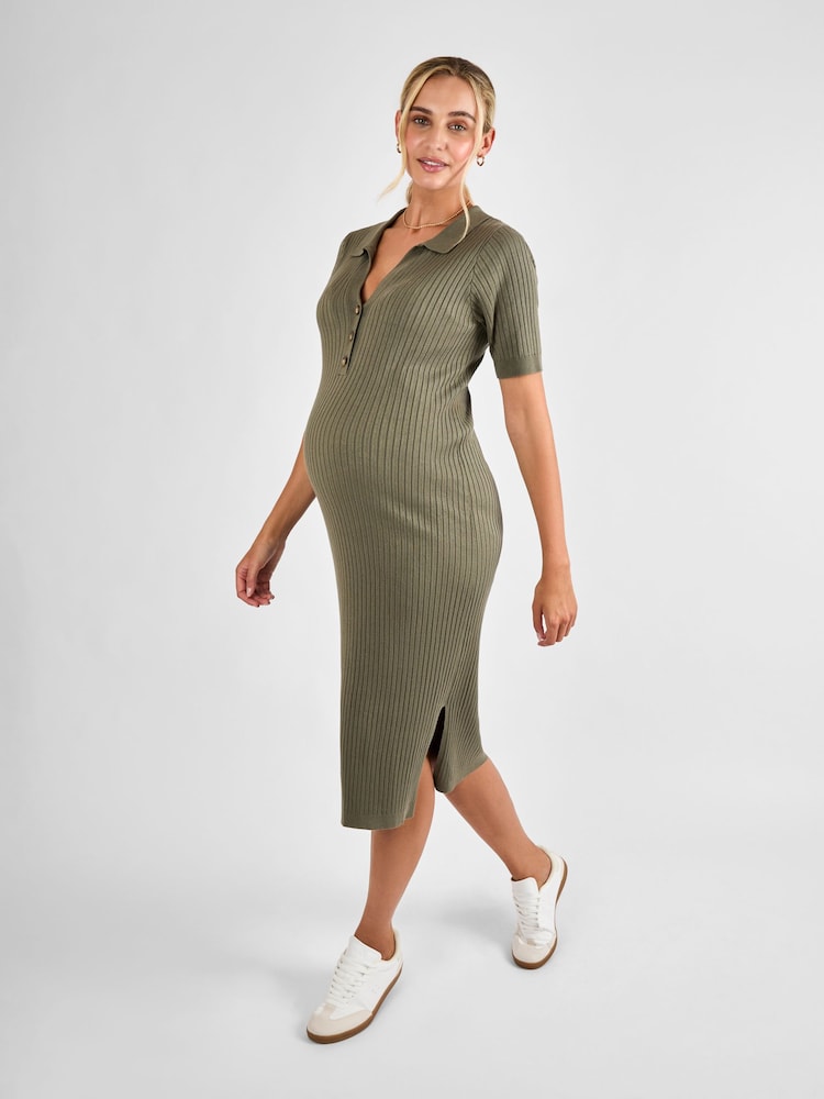 JoJo Maman Bébé Khaki Collared Ribbed Knitted Maternity Dress - Image 2 of 5