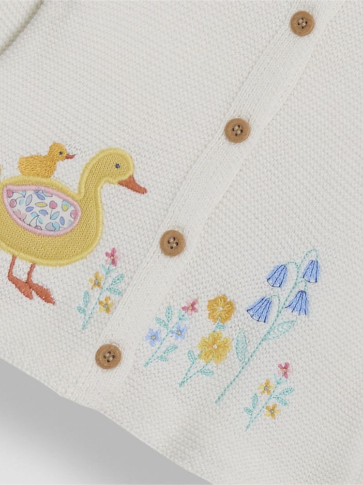 JoJo Maman Bébé Cream Floral Duck Applique Ruffle Collar 100% Cotton Cardigan - Image 7 of 7