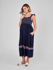 JoJo Maman Bébé Navy Frill Sleeve Shirred Maternity Midi Dress - Image 1 of 4