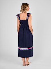 JoJo Maman Bébé Navy Frill Sleeve Shirred Maternity Midi Dress - Image 2 of 4