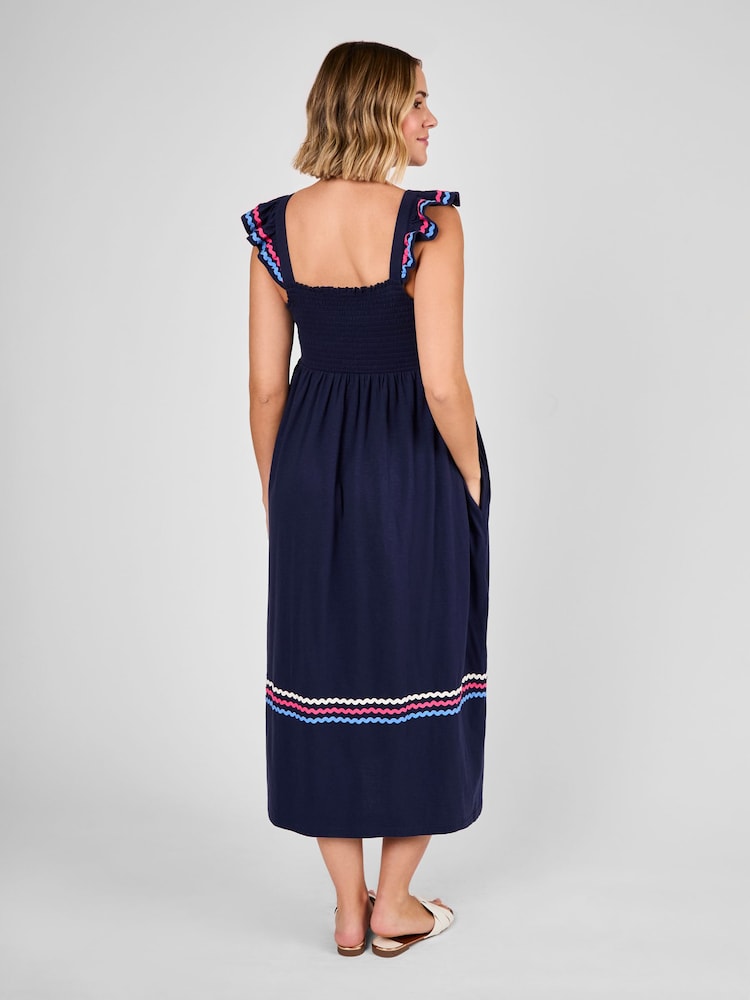 JoJo Maman Bébé Navy Frill Sleeve Shirred Maternity Midi Dress - Image 2 of 4