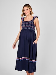 JoJo Maman Bébé Navy Frill Sleeve Shirred Maternity Midi Dress - Image 3 of 4