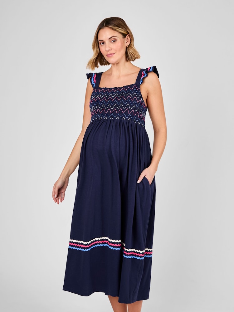 JoJo Maman Bébé Navy Frill Sleeve Shirred Maternity Midi Dress - Image 3 of 4