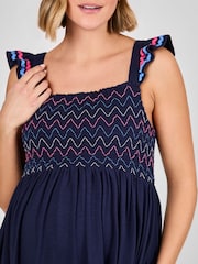 JoJo Maman Bébé Navy Frill Sleeve Shirred Maternity Midi Dress - Image 4 of 4