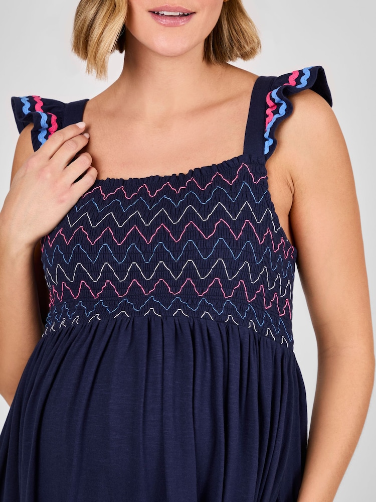 JoJo Maman Bébé Navy Frill Sleeve Shirred Maternity Midi Dress - Image 4 of 4