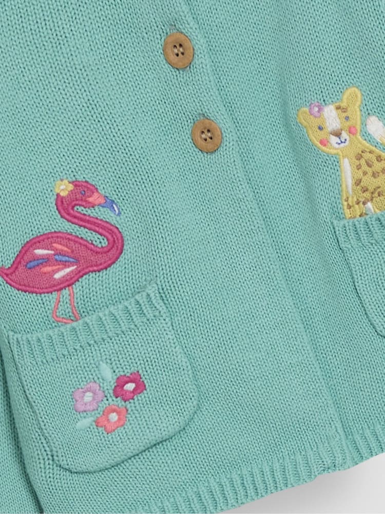 Duck Egg Albastru Safari Animale Applique Pet în Pocke - JoJo Maman Bébé Character 100% Cotton Cardigan - Imaginea 3 din 3