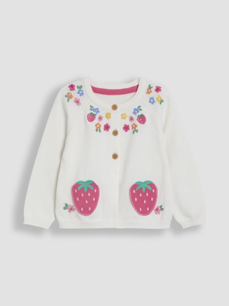 JoJo Maman Bébé White Strawberry Applique Pocket Character Cardigan - Image 1 of 3