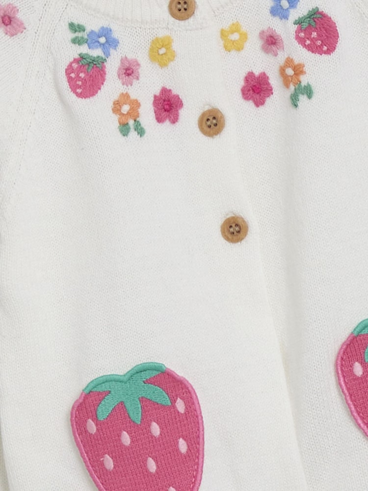 JoJo Maman Bébé White Strawberry Applique Pocket Character Cardigan - Image 3 of 3