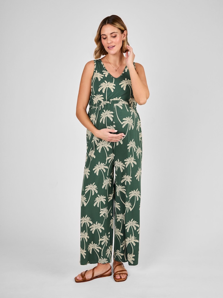 JoJo Maman Bébé Khaki Maternity Palm Print Wide Leg Jersey Jumpsuit - Image 1 of 4