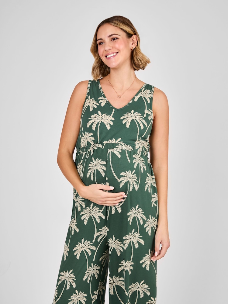 JoJo Maman Bébé Khaki Maternity Palm Print Wide Leg Jersey Jumpsuit - Image 2 of 4